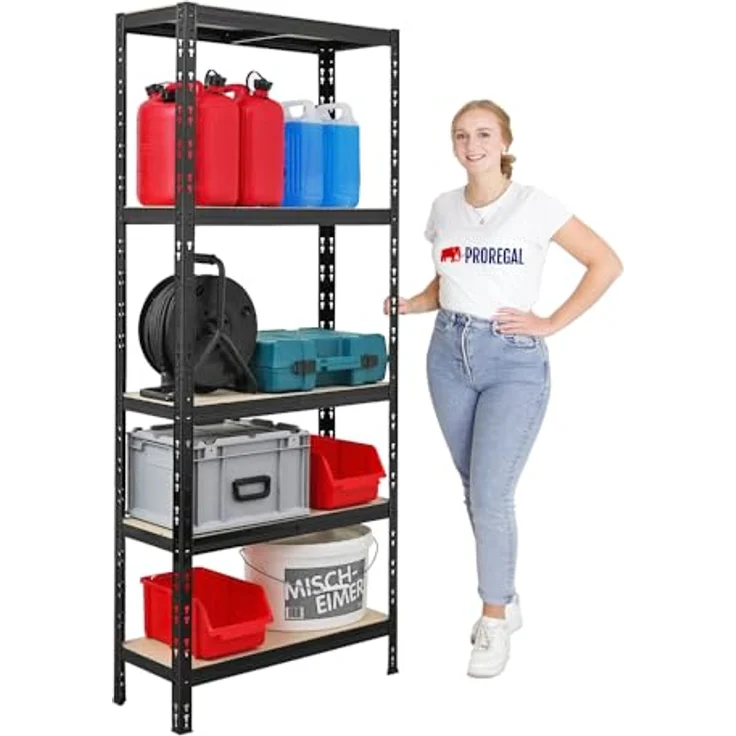 Proregal Schwerlastregal Mega Deal APOLLO, 5 Fachböden, Traglast 175 kg pro Boden, H 180 x B 75 x T 30 cm, Schwarz – Bild 3