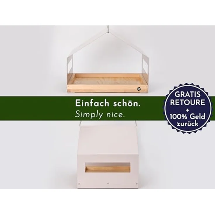 WONDERMAKE® Großes Design Vogelhaus aus Metall und Holz wetterfest zum Aufhängen, modernes Vogelfutterhaus XL Metalldach hängend, Vogelhäuschen Futterhaus für Vögel, Edelstahl Kiefer, grau-beige – Bild 5