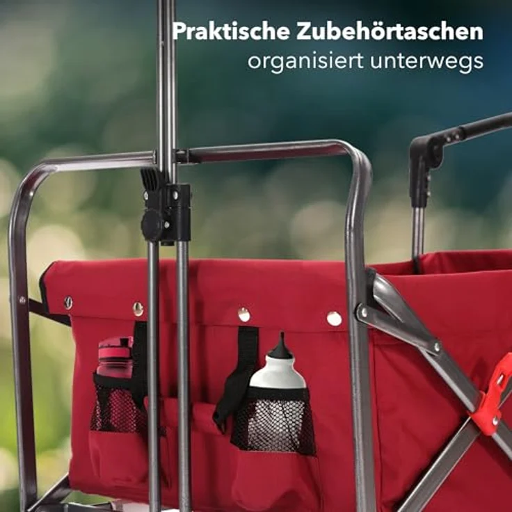 Arebos Bollerwagen faltbar, Transportkarre mit 2 Netztaschen, Vorderrad-Bremsen & Teleskopstange, bis 100 kg Tragkraft, rot – Bild 5