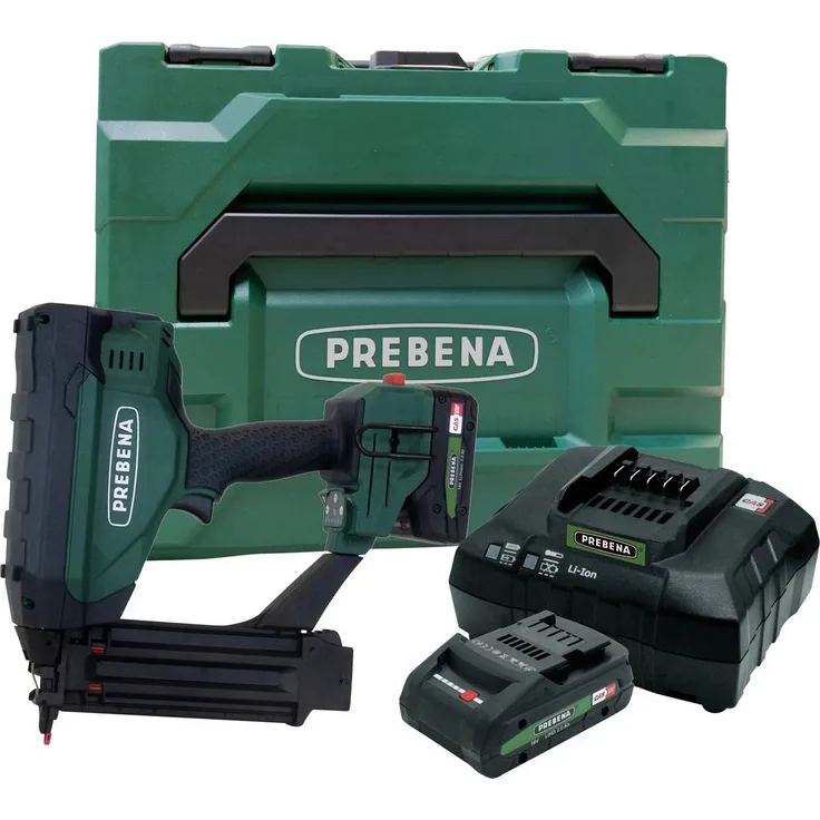Prebena PKT-3-J55-SET22 Akku-Nagler, kabelloser Druckluftnagler für Stauchkopfnägel von 16-55 mm mit 2x 18 V Li-Ion Akku und LED-Anzeige