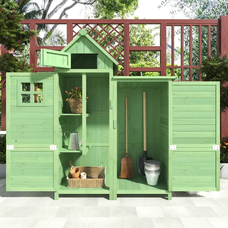 STILVORA Geräteschrank mit 2 Kleinteileregale, wetterfestes Tannenholz mit PVC-Dach, Gartenschrank für Außenbereich, Grün