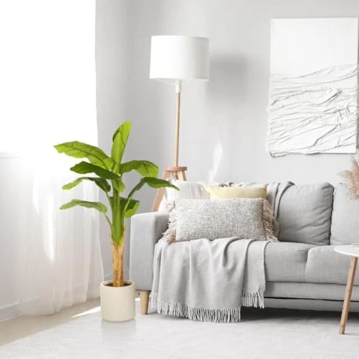 hjh OFFICE Kunstpflanze BANANE I 150cm Deko Kunstpflanze Pflegeleichte Bananenpflanze Kunstbaum für Wohnzimmer Schlafzimmer Büro, detailgetreue Optik, geruchsneutral, creme-weißer Kunststofftopf – Bild 3