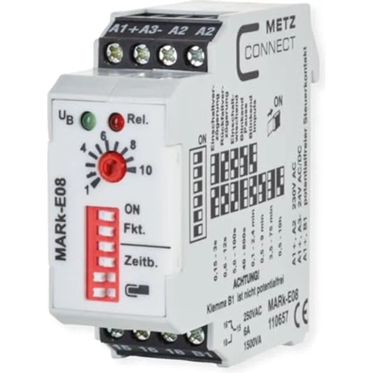 METZ CONNECT MARk-E08, Multifunktions-Zeitrelais 230 V AC, 24 V AC/DC, 8 Zeitbereiche von 0,15 s bis 10 h, mit Schraubklemmen
