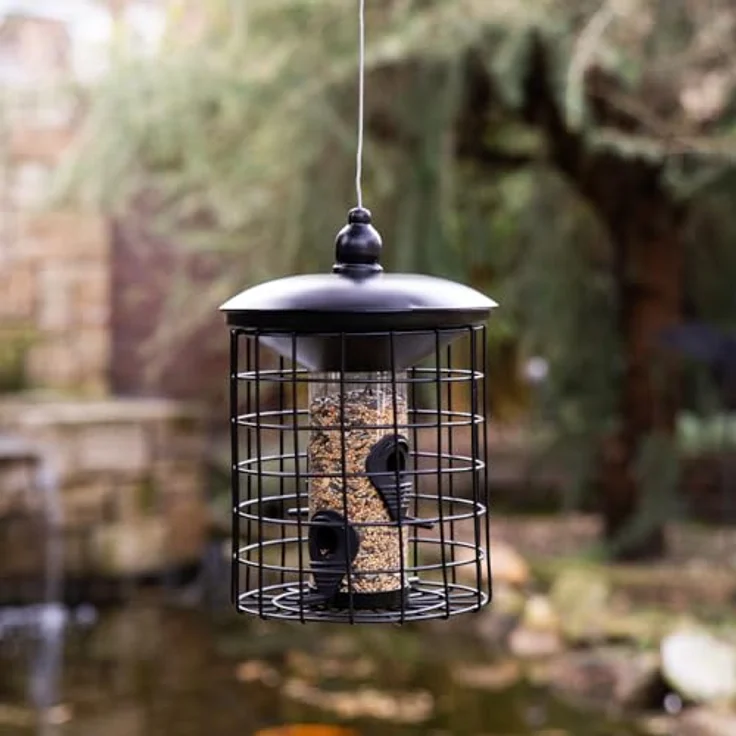 CULT at Home Vogel Futterhaus, Futtersäule mit Schutzkäfig, taubensicher für kleine Wildvögel, Metall Schwarz, Höhe 29 cm – Bild 3