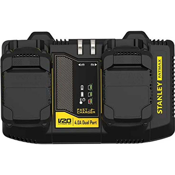 STANLEY FATMAX SFMCB24-QW, Zweischacht-Schnell-Ladegerät, 18 Volt, 4 Ampere, für V20 Lithium-Ionen-Akkus, mit USB-Ladeport und LED-Ladezustandsanzeige