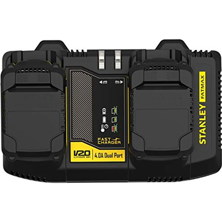 STANLEY FATMAX SFMCB24-QW, Zweischacht-Schnell-Ladegerät, 18 Volt, 4 Ampere, für V20 Lithium-Ionen-Akkus, mit USB-Ladeport und LED-Ladezustandsanzeige – Bild 1