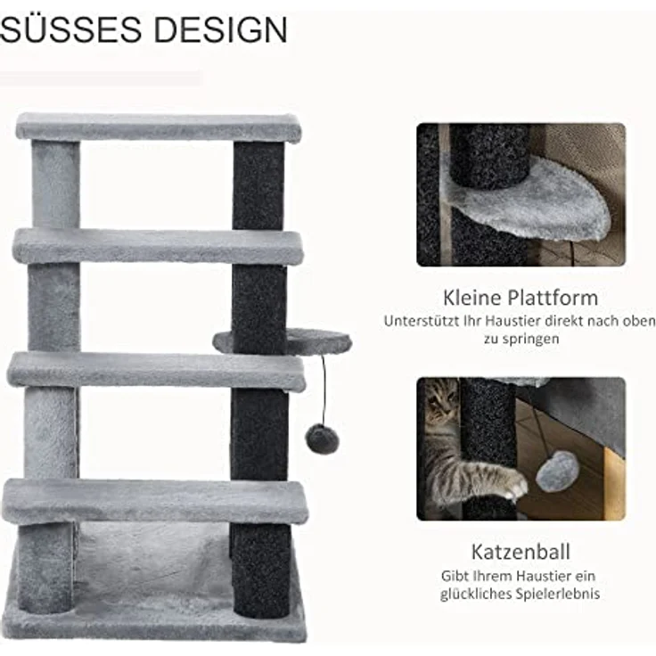 PawHut Haustiertreppe mit Kratzbaum Ball 4-stufige Katzentreppe Hundetreppe Tiertreppe Spanplatte Plüsch Jute Grau 60 x 40 x 64 cm – Bild 5