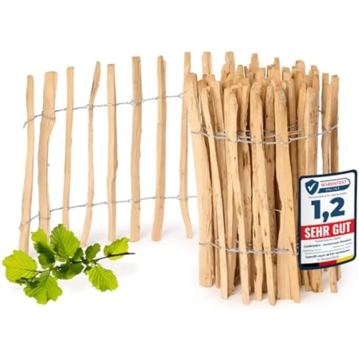 Garronda Gartenzaun GD-0079, hochwertiger Haselnuss Holz Steckzaun, 60 cm hoch, 5m lang, Lattenabstand 3-5 cm