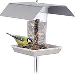 Relaxdays Vogelfutterhaus Edelstahl, Vogelfutterspender zum Aufhängen, mit Erdspieß, Futterstelle für Wildvögel, Silber, 16 x 17.5 x 17 cm