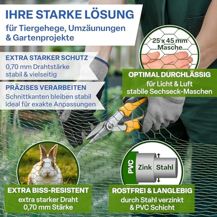 TTL GARDEN Hasendraht 25mx1m, PVC-beschichtet, 25x45mm Masche, grün, inkl. 100 verzinkte Krampen und Arbeitshandschuhe – Bild 3
