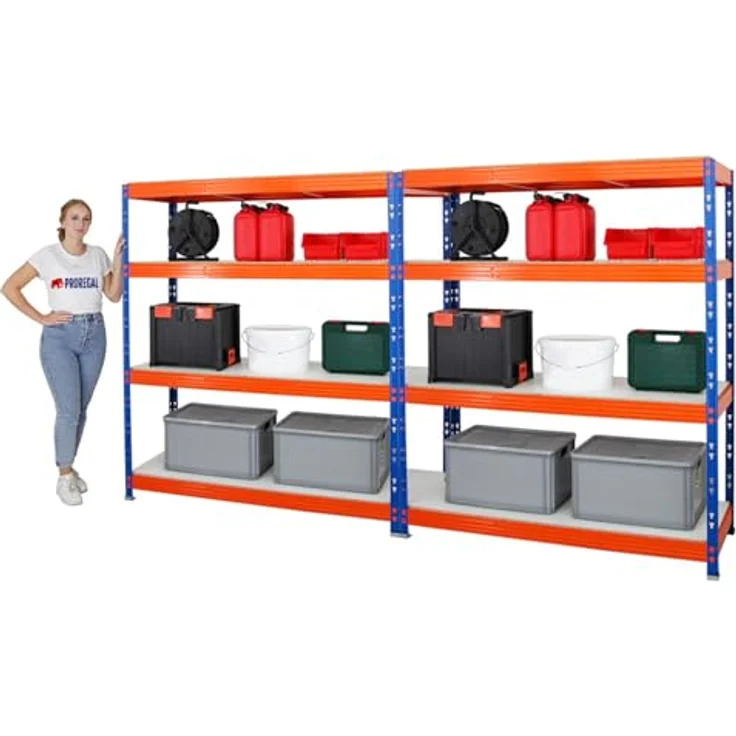 Proregal Schwerlastregal Mega Deal Profi RHINO, H 180 x B 160 x T 60 cm, Traglast 500 kg pro Boden, 4 verstellbare Böden, Steckmontage, Blau-Orange – Bild 3