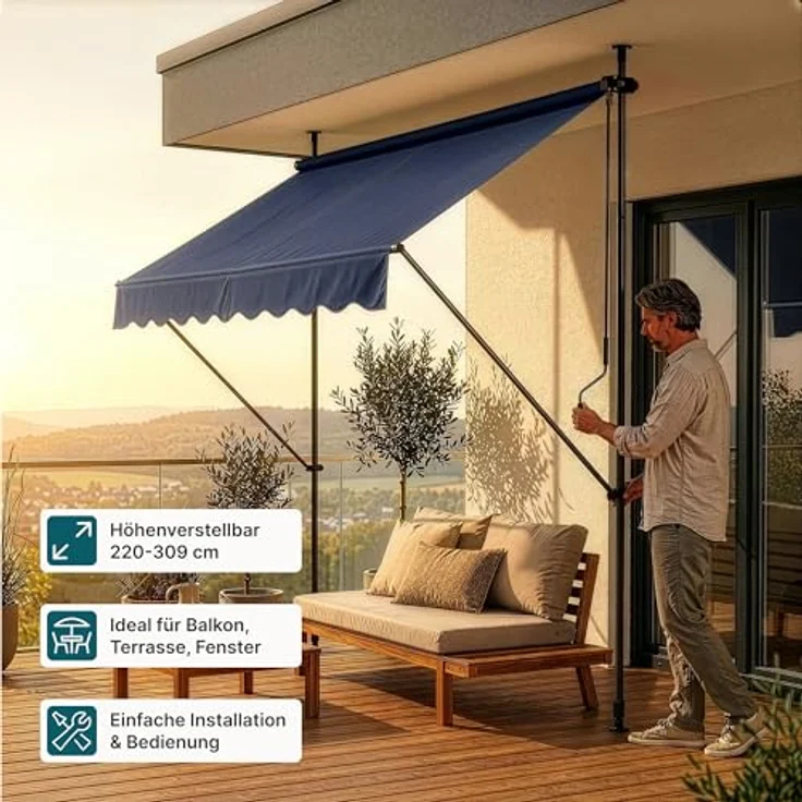 Pro.tec - Klemmmarkise 250x120x200-300cm ohne Bohren Dunkelblau – Bild 4