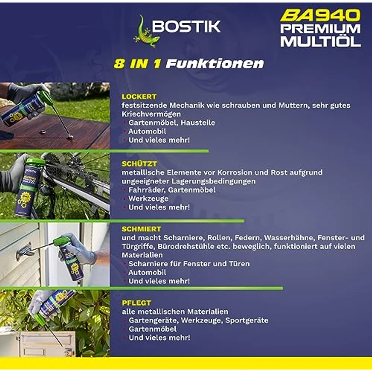 Bostik Multifunktionsspray BA940 Premium Multiöl 8in1, Biobasierte Inhaltsstoffe, Transparentes Öl, Sprühen aus jeder Position, Cobrakopf für Punktgenaues und Flächige Sprühen, 300 ml – Bild 3