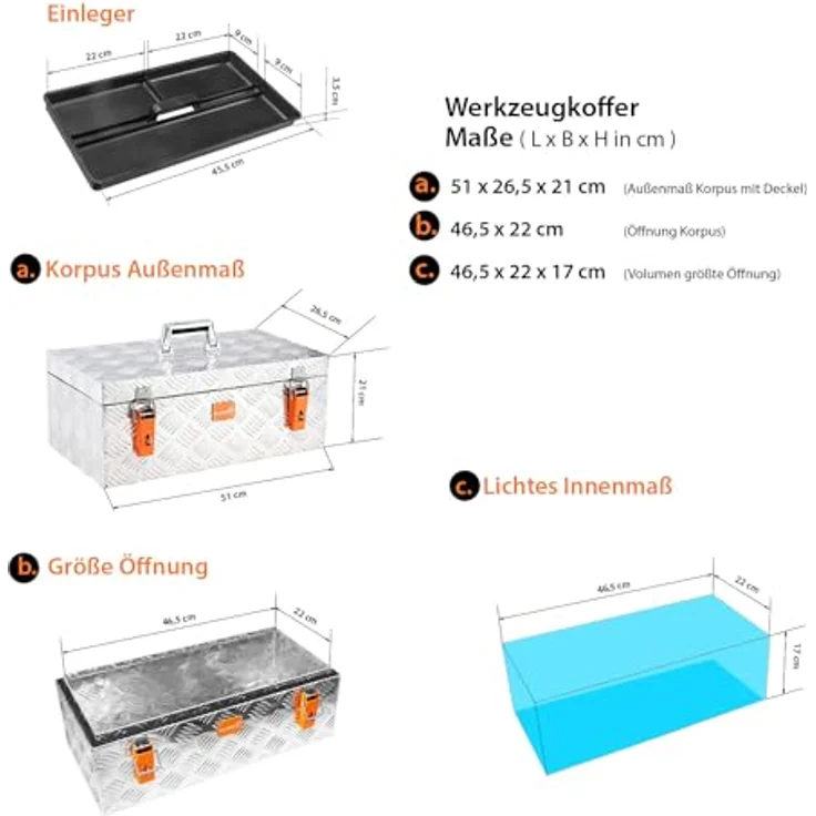 ALUBOX Werkzeugkoffer Aluminium Werkzeugkiste Riffelblech 1,5mm Stärke (27 Liter), inkl. herausnehmbarer Ablage – Bild 2