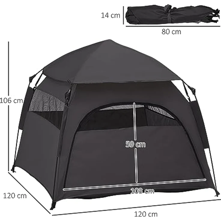 PawHut Haustierzelt, Hundezelt, Katzenhaus im Freien, Hundehaus mit Meshfenster, Hunde Tipi Zelt mit Tragetasche, Sonnendach für Hinterhof, Wohnzimmer, Dunkelgrau – Bild 5