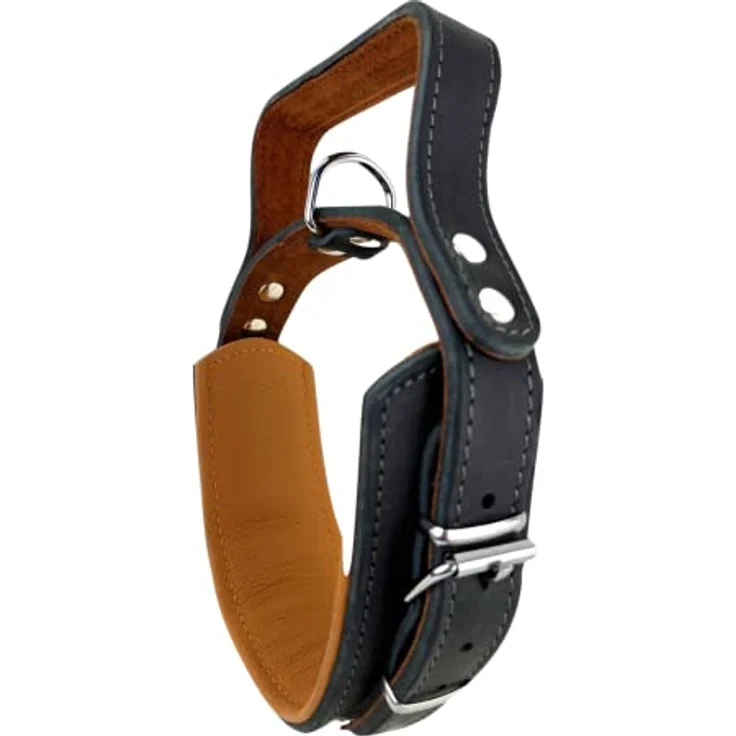 Hundehalsband mit Griff, Dickes qualitativ hochwertiges Leder 40cm bis 55cm x 60mm - Erziehungshalsband - Taktisches Halsband - bis zu 15cm verstellbar - weich gepolstert – Bild 3