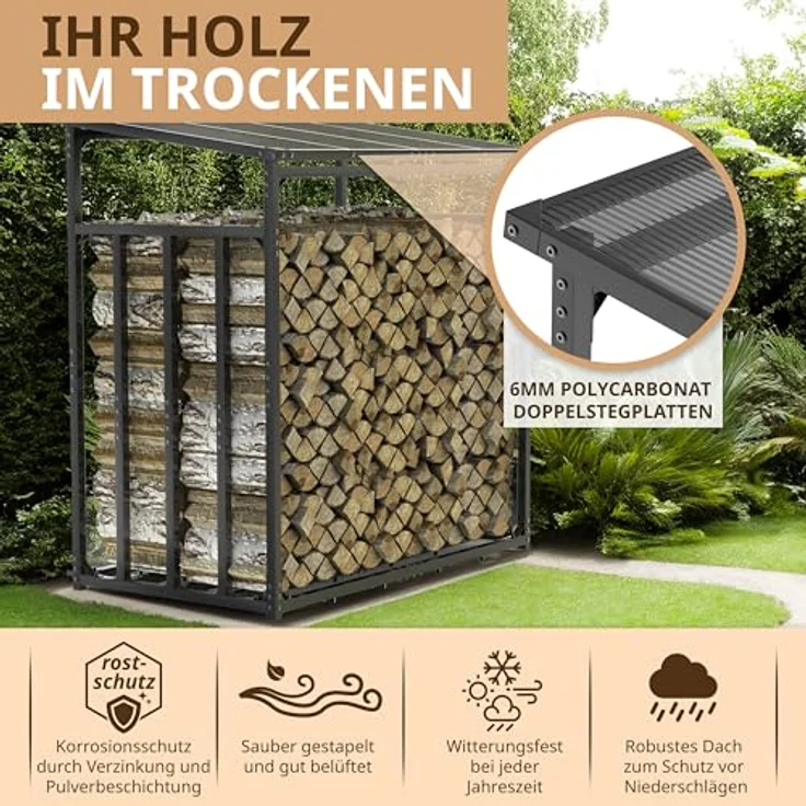 LAWA Living and Lifestyle Kaminholzregal außen, Metall verzinkt mit Dach, 185x105x185 cm, Tragfähigkeit 3,5 t, anthrazit – Bild 5