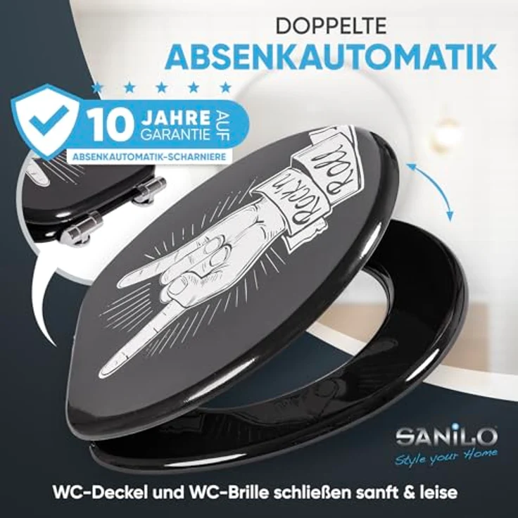 Sanilo WC Sitz Rock n Roll, Toilettendeckel aus Holz mit Absenkautomatik, antibakterieller Oberfläche, 47cm x 37,7cm – Bild 2