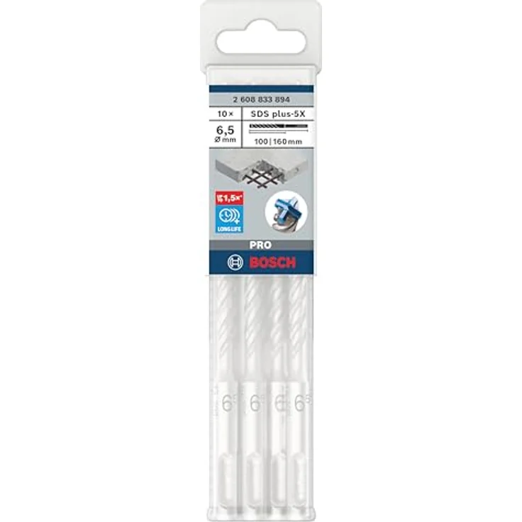Bosch Pro SDS Plus-5X, Betonbohrer 6.5 mm Durchmesser, 100 mm Arbeitslänge, 160 mm Gesamtlänge, Wolfram-Carbide, 4-Schneider-Design – Bild 2