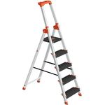 SONGMICS Leiter mit 5 Stufen, Aluleiter, 12 cm breite Stufen mit Riffelung, Anti-Rutsch-Füße, mit Handlauf, Werkzeugschale, bis 150 kg belastbar, schwarz-orange