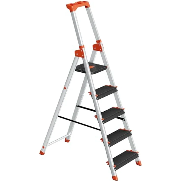SONGMICS Leiter mit 5 Stufen, Aluleiter, 12 cm breite Stufen mit Riffelung, Anti-Rutsch-Füße, mit Handlauf, Werkzeugschale, bis 150 kg belastbar, schwarz-orange – Bild 1