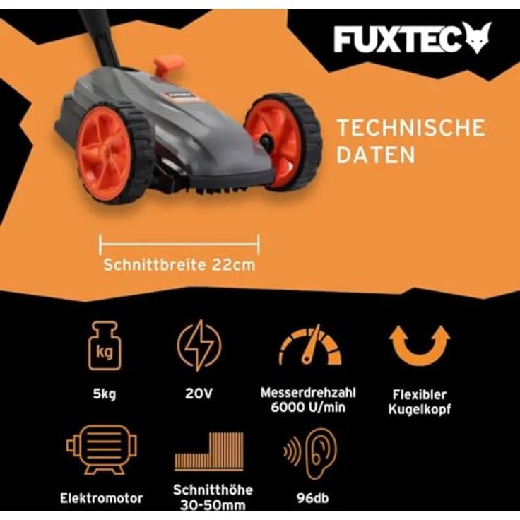 FUXTEC Akku Einhand-Rasenmäher FX-E1RMEH20, kompakter Gartenmäher mit 220mm Schnittbreite, 300W Leistung, 3-fache Schnitthöheneinstellung 30–50mm, flexible Kugelkopfsteuerung – Bild 3
