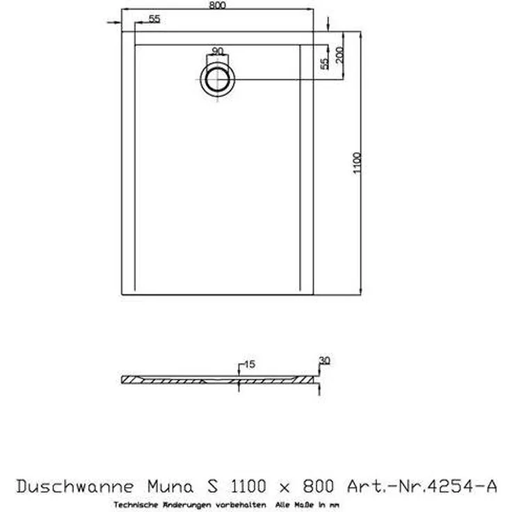 Hoesch Mineralguss-Duschwanne Muna S 110x80x3cm, weiß, mit mittigem Ablaufloch und verstellbaren Füßen