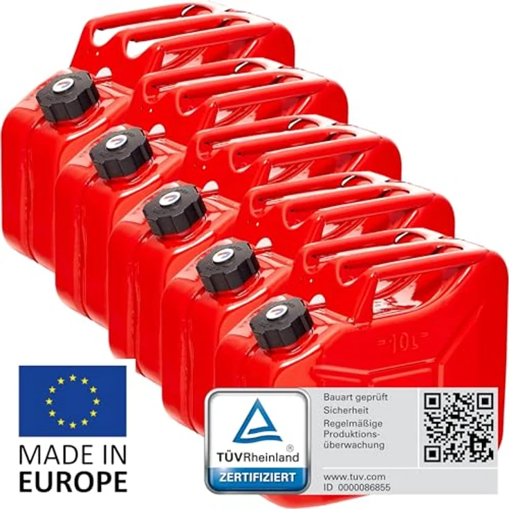BW® Benzinkanister Metall 5x 10 Liter, rot RAL 3000, mit Schraubverschluss, TÜV-geprüft, UN-zugelassen, 0,9mm Stahl, Made in Europe – Bild 2