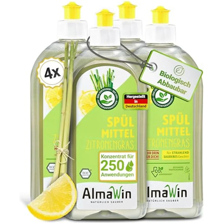 Almawin Spülmittel Zitronengras 500ml, hochkonzentriertes Geschirrspülmittel mit frischem Zitrusduft, klimaneutral und vegan – Bild 1