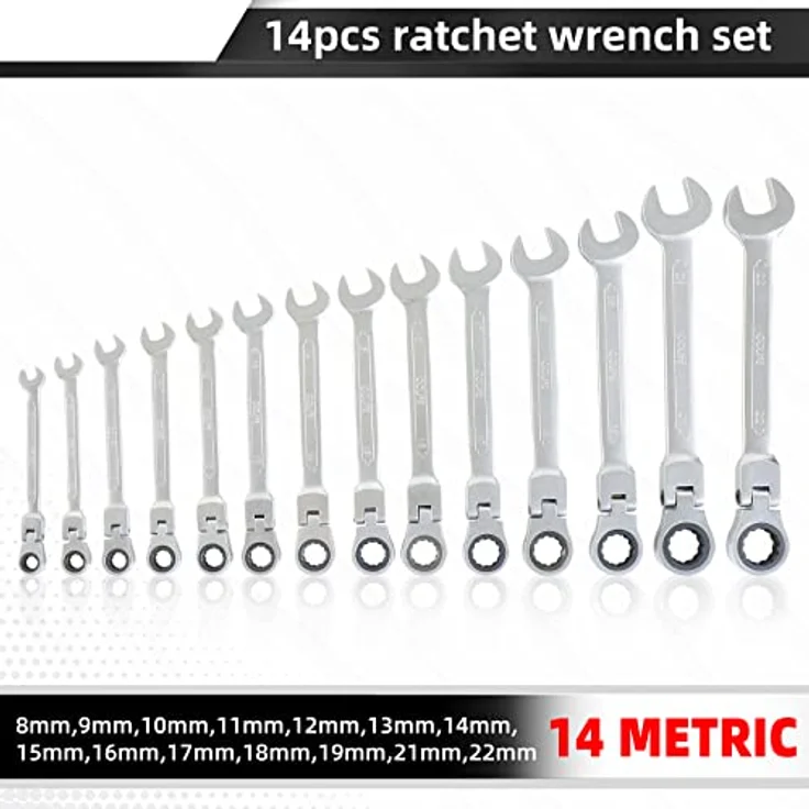 CCLIFE 14tlg Gelenk Ratschenschlüssel Set 8-22mm Flexibles Ratschen Ring Maulschlüssel Set | Cr-V | 72 Zähnen – Bild 2