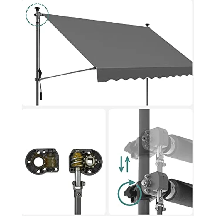 SONGMICS Klemmmarkise, 350 x 130 cm, Balkonmarkise, höhenverstellbar, mit Handkurbel, Sonnenschutz, für Balkon, Terrasse, Garten, anthrazit GSA353G02 – Bild 5