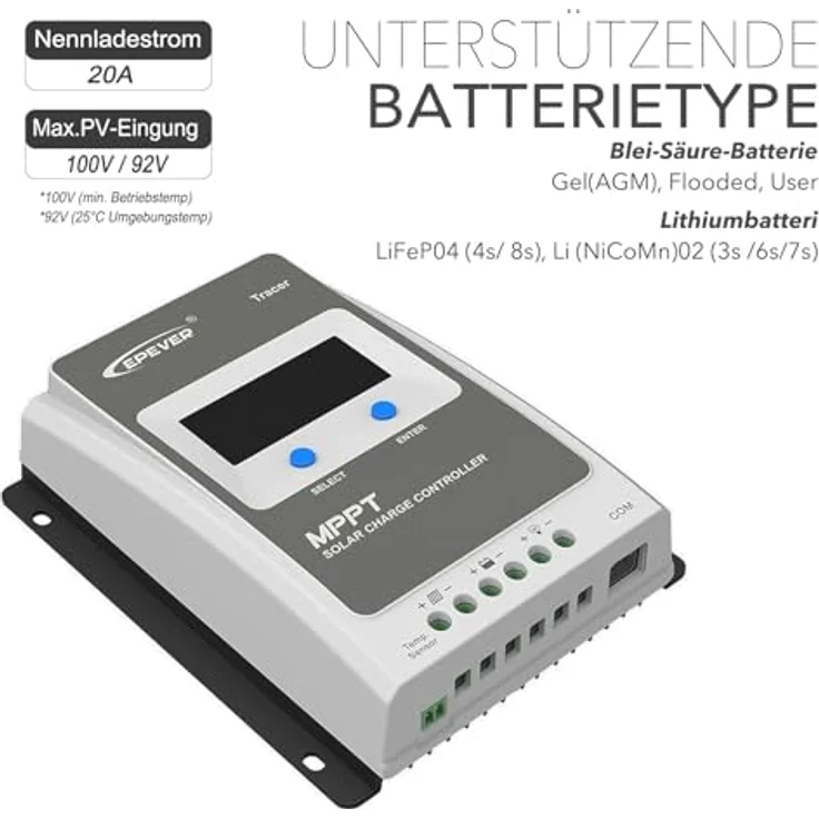 EPEVER Tracer2210AN MPPT EPSolar Laderegler 20A automatische Erkennung 12V/24V, Wohnmobil geeignet, LCD mit Hintergrundbeleuchtung – Bild 2