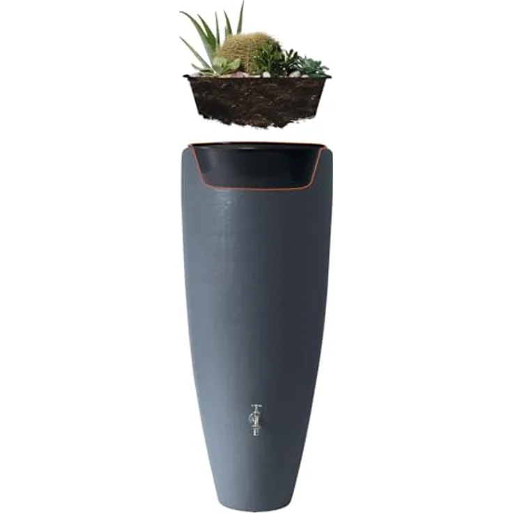 Garantia 2in1 Wasserbehälter Regentonne 300 Liter Graphite Grey inkl. Pflanzschale, 3D-Dekor und zusätzlichem Komfortanschluss – Bild 2