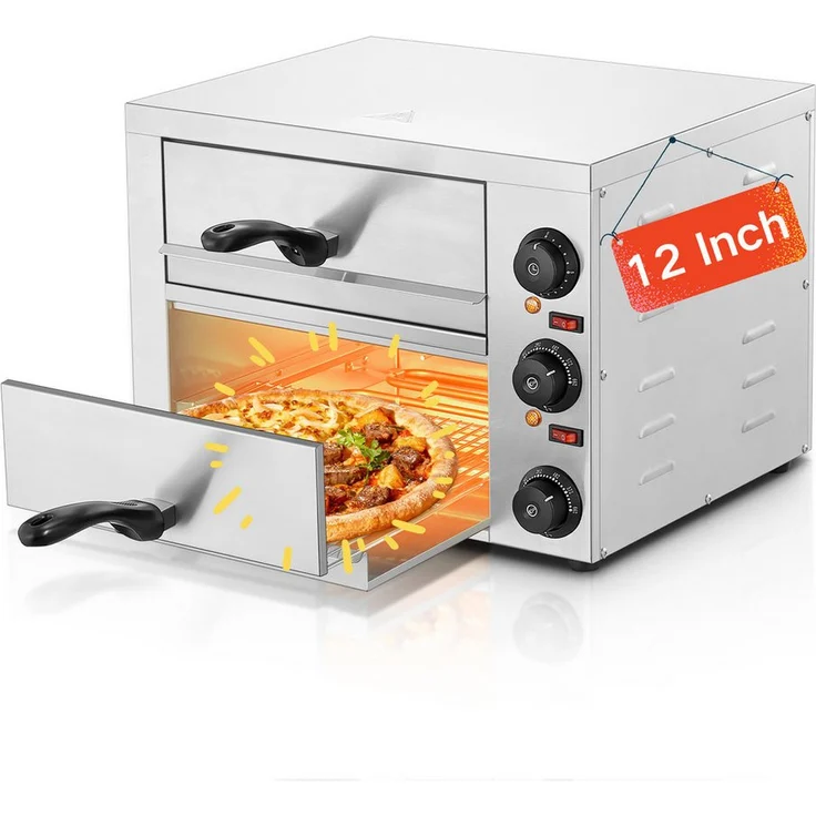 FOHERE Pizzaofen, 3000W Backofen mit 2 Kammern für Ø 30 cm Pizzen, 350°C, 15-Min-Timer