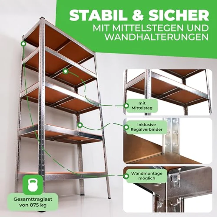 ONDIS24 Schwerlastregal Metallregal Thomas, 90 x 40 x 180 (H) cm, 875kg belastbar, 5 Einlegeböden, 2-tlg. – Bild 6