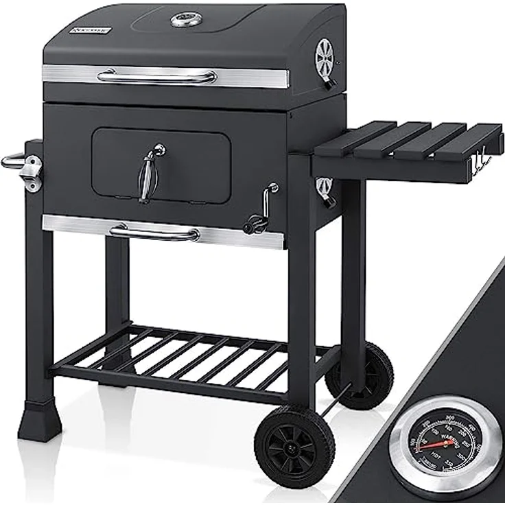 KESSER Grill Grillwagen XXL Holzkohlegrill mit Deckel, Rädern, Edelstahl-Griff, Grillrost und Thermometer Holzkohle kohlegrill Wagen groß Kohle BBQ Barbeque Camping, Terrasse, Garten Grau – Bild 2