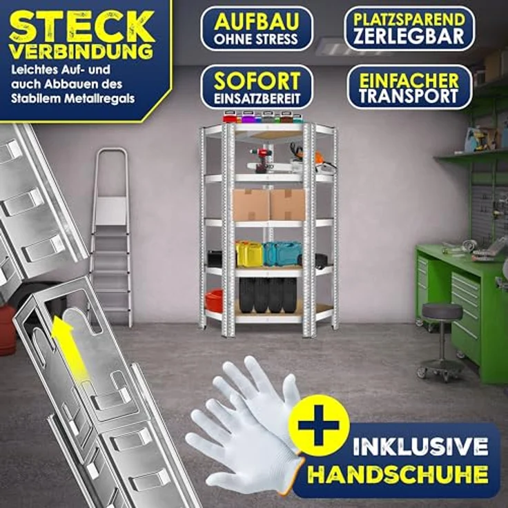 MASKO Eckregal Lagerregal Schwerlastregal, Kellerregal, 180x75x40cm , bis 875 kg, 5 verstellbare Ablagen, MDF-Platten Regal aus Metall, Steckregal, Werkstattregal, Keller, Garage Silber – Bild 8