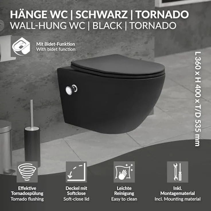 LuxeBath Wand WC Spülrandlos mit Bidet-Funktion, Schwarz matt, Tiefspüler Keramik Hänge WC, lang 53,5cm, Dusch WC Softclose-Klodeckel Tornadospülung, Kloschüssel Hängend mit WC-Sitz Absenkautomatik – Bild 2