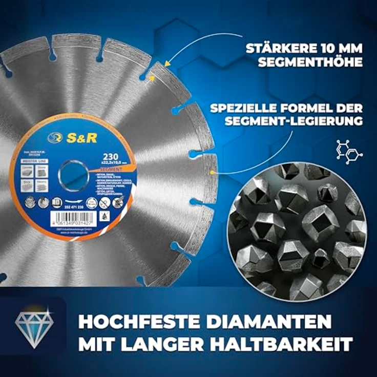 S&R UNICUT Diamanttrennscheibe 230 x 22,2 mm, für Beton, Naturstein und Ziegel, hohe Standzeit, geeignet für Winkelschleifer und Motortrennschleifer – Bild 4
