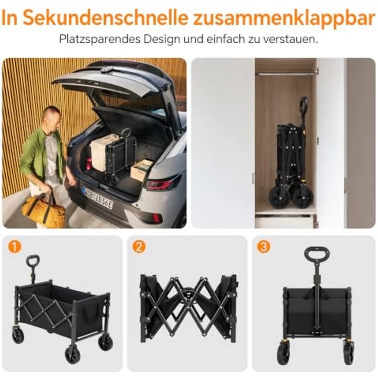 SURFOU Bollerwagen Faltbar XL, 120L Stauraum, 160KG Tragkraft, 360° Geländeräder, mit 2 Getränkhaltern, Leisebetrieben, für Camping, Einkäufe und Strand, 78x45x107cm – Bild 5