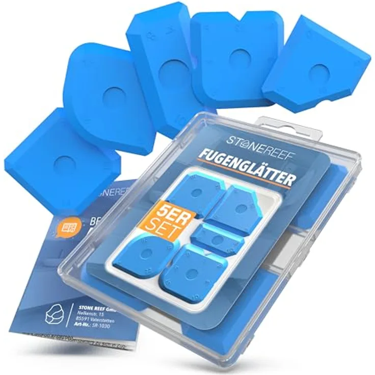 STONE REEF Silikon Abzieher Fugen 5in1 SET - Silikon Fugenglätter für perfekte elastische Fugen in trockenen und feuchten Bereichen - inkl. Aufbewahrungsbox - 5er Set für über 23 verschiedene Fugen-Formen - Silber.