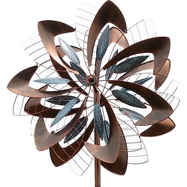 LEMODO Windrad Dandelion mit gegenläufigen Rotoren | Gartendeko in 2 Höhen aufbaubar | Gartenstecker mit 213 cm Höhe | Windmühle in Kupferoptik | Windskulptur mit Charme – Bild 1