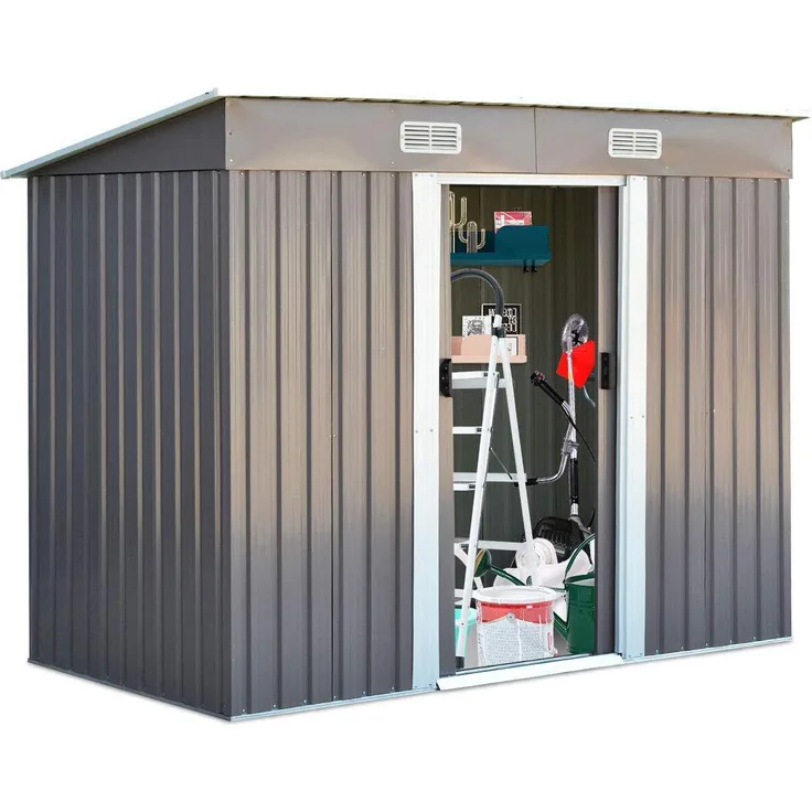 GOPLUS Gerätehaus 238x181x13 cm, Metall Geräteschuppen mit 2 Schiebetüren und vier Belüftungsöffnungen, weiß und grau