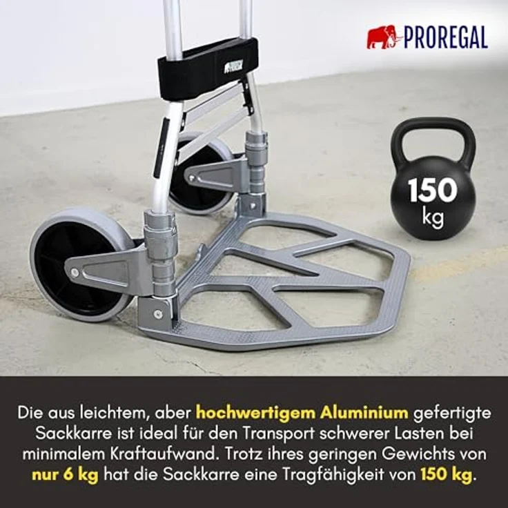 PROREGAL® Profi-Sackkarre ELEPHANT Traglast 250kg Alurahmen ergonomische Griffe Gummiräder, klappbare Schaufel 48x34cm, TPR-Gummiräder, Schwerlastgurt, Klettverschluss – Bild 5