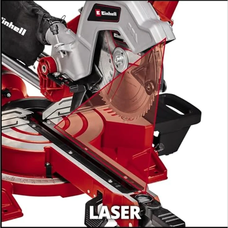 Einhell Zug-Kapp-Gehrungssäge TE-SM 216 Dual (1.800 W, Ø216 x Ø30, 215-305 mm Schnittbreite bei 45°-90°, Winkeleinstellung, Spindle-Lock, Spannvorrichtung, inkl. Hartmetall-Sägeblatt) – Bild 5