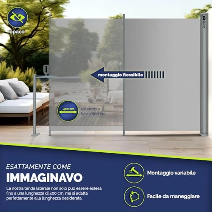 tillvex Seitenmarkise 180 x 300 cm ausziehbar & Blickdicht, Sichtschutz für Balkon, Garten & Terrasse | Sonnenschutz rostfreier Stahl | Markise Windschutz, Grau – Bild 2