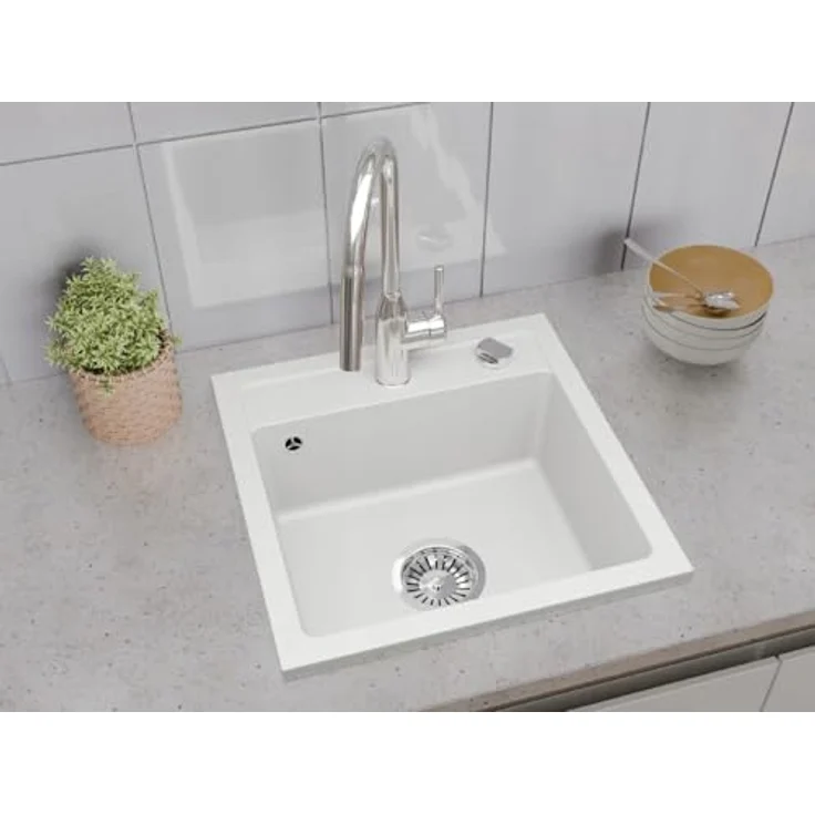 QLS Bella Spülbecken 44x44 cm aus Granit mit automatischem Siphon, hitzebeständig und pflegeleicht, Weiß – Bild 4