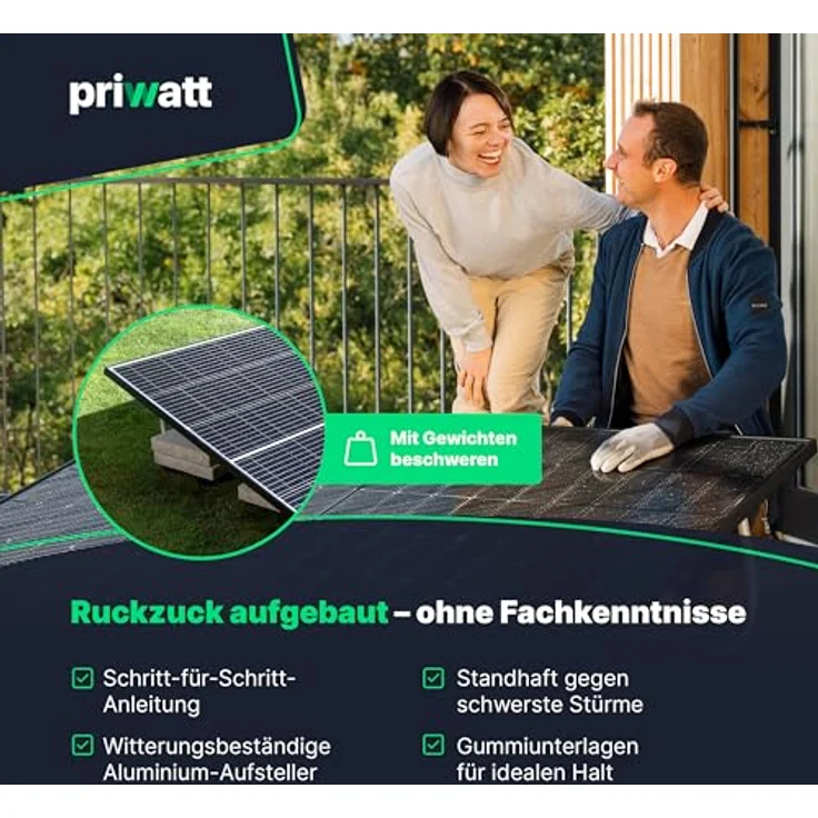 priwatt® Balkonkraftwerk Duo [890 Wp] ohne Halterung zur flexiblen Befestigung - Solaranlage Komplettset (2 bifaziale Solarmodule, TSUN Wechselrichter & Kabel-Zubehör) – Bild 6