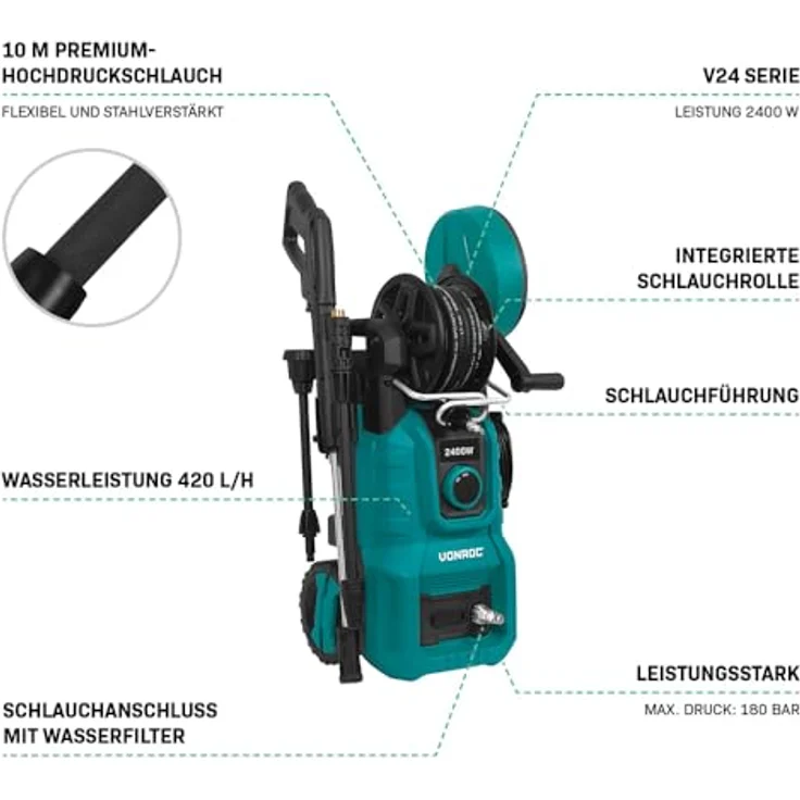 VONROC Hochdruckreiniger V24, 2400W mit 180 bar Druck, 420 l/h Durchfluss, Aluminium Pumpe, integrierte Schlauchtrommel – Bild 2