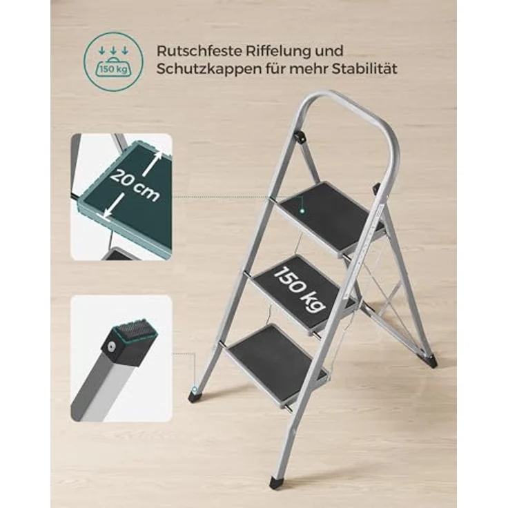 SONGMICS Trittleiter, Leiter mit 3 Stufen, Klapptritt, Klappsicherung, einfach zu verstauen, bis 150 kg belastbar, Taubengrau GSL003GY01 – Bild 5